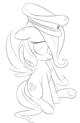 Size: 673x1026 | Tagged: safe, artist:otherdrawfag, fluttershy, pegasus, pony, g4, cute, fascism, female, floppy ears, germany, hat, lineart, looking at you, mare, military, monochrome, peaked cap, shyabetes, sitting, solo