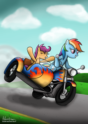 Size: 1024x1448 | Tagged: safe, artist:greenflyart, rainbow dash, scootaloo, g4, duo, motorcycle, obtrusive watermark, riding, road, scootalove, sidecar, watermark