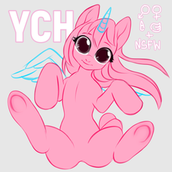 Size: 700x700 | Tagged: safe, artist:yasuokakitsune, alicorn, pony, advertisement, commission, cute face, looking at you, on back, smiling, solo, your character here