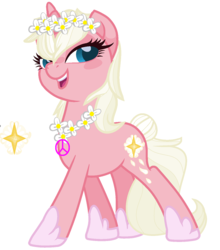 Size: 656x745 | Tagged: safe, artist:bluemoondiancie, artist:lavaroses, artist:melodysweetheart, oc, oc only, oc:sunny springs, pony, unicorn, icey-verse, base used, bedroom eyes, clothes, female, floral head wreath, floral necklace, flower, hippie, hoof shoes, jewelry, magical lesbian spawn, mare, mercedes symbol mistaken for peace sign, necklace, next generation, offspring, open mouth, parent:lily lace, parent:sunshine smiles, parents:sunlace, shoes, simple background, solo, valley girl, white background