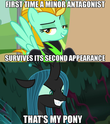 Size: 1280x1440 | Tagged: safe, edit, edited screencap, screencap, lightning dust, queen chrysalis, changeling, changeling queen, pegasus, pony, g4, the mean 6, the washouts (episode), antagonist, evil, female, grin, image macro, mare, meme, smiling, smirk, smug, text, that's my pony, that's my x, washouts uniform, wings