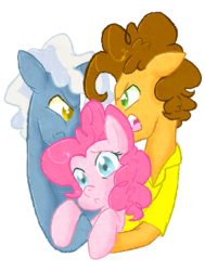 Size: 306x405 | Tagged: safe, artist:never-coming-back, cheese sandwich, pinkie pie, pokey pierce, pony, unicorn, g4, clothes, female, love triangle, male, pinkie pie gets all the stallions, ship:cheesepie, ship:pokeypie, shipping, shipping war, simple background, straight, transparent background