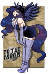 Size: 1024x1583 | Tagged: safe, artist:n8dogg5k, princess luna, human, g4, breasts, clothes, eared humanization, evening gloves, female, gloves, hat, high heels, horn, horned humanization, humanized, long gloves, shoes, solo, tailed humanization, winged humanization, wings