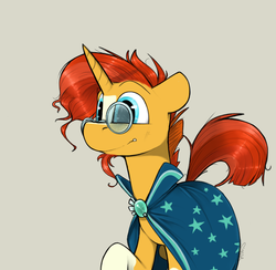 Size: 882x862 | Tagged: safe, artist:sinrar, sunburst, pony, unicorn, g4, clothes, facial hair, glasses, goatee, male, messy mane, robe, simple background, smiling, solo, stallion