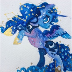 Size: 1283x1279 | Tagged: safe, artist:analioth, princess luna, alicorn, pony, g4, diamond eyes, female, looking back, mare, simple background, solo, watercolor painting, white background, wingding eyes