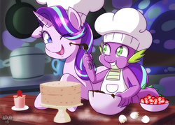 Size: 4000x2857 | Tagged: safe, artist:danmakuman, spike, starlight glimmer, dragon, pony, unicorn, g4, apron, baby, baby dragon, baking, bowl, cake, chef's hat, chocolate, clothes, commission, cooking, cute, dessert, duo, egg, egg shells, female, flour, food, friendshipping, frosting, gem, glimmerbetes, hair flip, hair over one eye, hat, high res, jewels, kitchen, male, mare, messy, one eye closed, open mouth, pans, playful, pot, signature, spikabetes, spoon, strawberry, twilight's castle