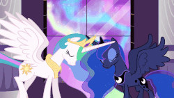 Size: 1500x843 | Tagged: safe, edit, edited screencap, editor:childofthenight, screencap, princess celestia, princess luna, alicorn, pony, g4, the crystal empire, animated, canterlot, canterlot castle, crossed horns, cute, cutelestia, ethereal mane, female, gif, horn, horns are touching, looking at each other, lunabetes, mare, raised hoof, reversed, royal sisters, smiling, spread wings, starry mane, window, wings