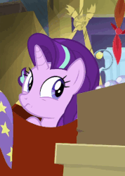 Size: 384x540 | Tagged: safe, screencap, starlight glimmer, trixie, pony, unicorn, g4, road to friendship, :t, animated, box, derp, duo, duo female, faic, female, frown, hammock, looking back, mare, nose wrinkle, on back, puffy cheeks, pushing, scrunchy face, solo focus, squeezing, squishy, squishy cheeks, stuck, wavy mouth, wide eyes