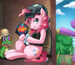 Size: 800x686 | Tagged: safe, artist:tzc, gummy, pinkie pie, twilight sparkle, alligator, earth pony, pony, g4, body armor, crossover, female, frying pan, helmet, mare, offscreen character, pet, playerunknown's battlegrounds, video game