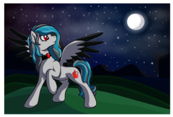 Size: 1957x1329 | Tagged: safe, artist:littletigressda, oc, oc only, oc:blue eclipse, pegasus, pony, choker, colored wings, commission, ear piercing, earring, female, jewelry, mare, moon, night, piercing, solo, stars, tattoo, two toned wings