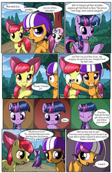 Size: 2030x3130 | Tagged: safe, artist:sirzi, apple bloom, scootaloo, sweetie belle, twilight sparkle, alicorn, earth pony, pegasus, pony, unicorn, comic:talisman for a pony, g4, comic, cutie mark crusaders, helmet, high res, twilight sparkle (alicorn)