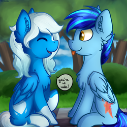 Size: 2000x2000 | Tagged: safe, artist:deraniel, oc, oc only, oc:arctic breeze, oc:stratosphere, pegasus, pony, blanket, chest fluff, cute, dialogue, duo, eyes closed, female, grass, happy, high res, male, outdoors, sky, smiling, speech bubble, tongue out, tree