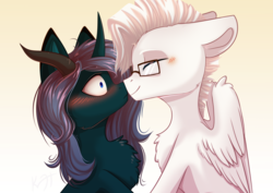 Size: 3508x2480 | Tagged: safe, artist:shiro-roo, oc, oc only, oc:sanft liebe, pegasus, pony, unicorn, blushing, curved horn, digital art, female, gradient background, high res, horn, male, mare, nuzzling, shipping, stallion, straight