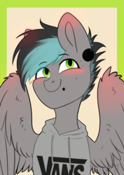 Size: 2480x3508 | Tagged: safe, artist:shiro-roo, oc, oc only, pegasus, pony, blushing, clothes, digital art, ear piercing, high res, looking at you, male, mole, piercing, shirt, spread wings, stallion, wings
