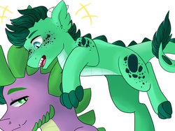 Size: 600x450 | Tagged: safe, artist:h0mi3, spike, oc, oc:kygo, dracony, hybrid, g4, braces, cute, duo, father and son, freckles, interspecies offspring, male, offspring, older, older spike, parent:rarity, parent:spike, parents:sparity, spots, younger