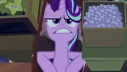 Size: 1280x720 | Tagged: safe, screencap, starlight glimmer, pony, unicorn, g4, road to friendship, angry, annoyed, claustrophobic, cramped, faic, female, frustrated, hammock, irritated, mare, on back, solo, starlight glimmer is not amused, unamused