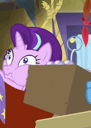 Size: 384x540 | Tagged: safe, edit, edited edit, edited screencap, screencap, starlight glimmer, trixie, pony, unicorn, g4, road to friendship, :t, animated, box, derp, duo, duo female, faic, female, frown, hammock, looking back, mare, nose wrinkle, on back, puffy cheeks, pushing, scrunchy face, solo focus, squeezing, squishy, squishy cheeks, stuck, wavy mouth, wide eyes