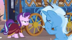 Size: 1171x659 | Tagged: safe, screencap, starlight glimmer, trixie, pony, unicorn, g4, road to friendship, crying, duo, duo female, female, mare, messy mane, sad, tree branch, twig