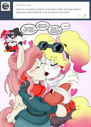 Size: 2341x3236 | Tagged: safe, artist:blackbewhite2k7, fluttershy, pinkie pie, pony, unicorn, ask the gothamville sirens, g4, alternate hair color, alternate hairstyle, alternate universe, ask, batman, blushing, clothes, cosplay, costume, crossover, dc bombshells, dc comics, denial, female, harley quinn, high res, kiss on the lips, kissing, lesbian, parody, pinkie quinn, poison ivy, poison ivyshy, ship:flutterpie, shipping, tumblr