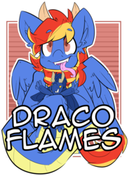 Size: 1280x1740 | Tagged: safe, artist:bbsartboutique, oc, oc only, oc:draco flames, dracony, hybrid, badge, clothes, cute, forked tongue, horns, plushie, scarf, simple background, solo, tongue out, transparent background, wings
