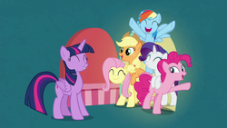 Size: 1280x720 | Tagged: safe, screencap, applejack, fluttershy, pinkie pie, rainbow dash, rarity, twilight sparkle, alicorn, pegasus, pony, unicorn, all bottled up, g4, best friends until the end of time, door, female, mane six, smiling, twilight sparkle (alicorn)