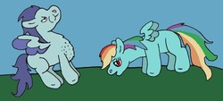 Size: 2560x1158 | Tagged: safe, artist:pone-dancer, rainbow dash, soarin', g4, chest fluff, grazing, horses doing horse things