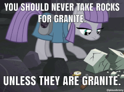Size: 750x558 | Tagged: safe, edit, edited screencap, screencap, maud pie, earth pony, pony, g4, rock solid friendship, animated, clothes, female, granite, image macro, looking down, mare, meme, pun, rock, solo
