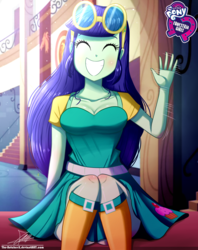 Size: 920x1160 | Tagged: safe, artist:the-butch-x, part of a set, blueberry cake, equestria girls, g4, background human, boots, breasts, busty blueberry cake, butch's hello, canterlot high, cleavage, clothes, cute, equestria girls logo, eyes closed, female, motion blur, shoes, signature, sitting, smiling, solo, sunglasses, waving