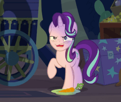 Size: 854x720 | Tagged: safe, edit, edited screencap, screencap, starlight glimmer, pony, unicorn, g4, road to friendship, animated, bags under eyes, carrot, faic, female, food, gif, insanity face, laughing, mare, raised hoof, solo, trixie's wagon