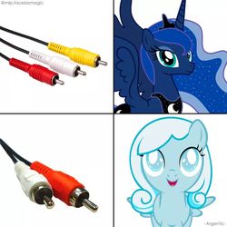 Size: 800x800 | Tagged: source needed, useless source url, safe, artist:mlpfbismagic, princess luna, oc, oc:snowdrop, alicorn, pegasus, pony, g4, blind joke, female, filly, mare, meme, rca connector, simple background, we are going to hell, white background