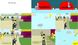 Size: 3648x2112 | Tagged: safe, artist:mellowbomb, carrot top, golden harvest, rainbow dash, oc, oc:cloudy weathers, comic:calamity fateful, g4, 1000 hours in ms paint, dialogue, high res