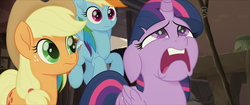 Size: 1920x808 | Tagged: safe, screencap, applejack, rainbow dash, twilight sparkle, alicorn, earth pony, pegasus, pony, g4, my little pony: the movie, colored pupils, do not want, exasperated face, faic, female, floppy ears, frown, frustrated, groan, klugetown, lidded eyes, looking up, mare, sad, trio, twilight sparkle (alicorn), twilight sparkle is best facemaker, unamused, wide eyes