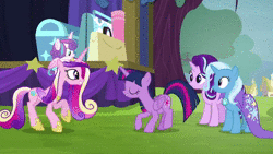 Size: 1280x720 | Tagged: safe, screencap, princess cadance, princess flurry heart, starlight glimmer, trixie, twilight sparkle, alicorn, pony, unicorn, g4, road to friendship, season 8, animated, aunt and niece, baby, baby pony, butt shake, female, hoof shoes, mare, mother and daughter, sisters-in-law, sound, sunshine sunshine, trixie's wagon, twilight sparkle (alicorn), webm