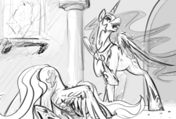 Size: 1324x896 | Tagged: safe, artist:testostepone, nightmare moon, princess celestia, g4, gloating, laughing, sketch