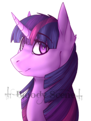 Size: 768x1024 | Tagged: safe, artist:0bloodyscene, twilight sparkle, pony, g4, curved horn, female, horn, looking at you, mare, obtrusive watermark, simple background, smiling, solo, watermark, white background
