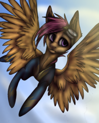 Size: 720x900 | Tagged: safe, artist:0bloodyscene, scootaloo, pegasus, pony, g4, clothes, ear fluff, female, flying, goggles, mare, older, raised eyebrow, scootaloo can fly, solo, spread wings, uniform, wings, wonderbolts uniform
