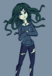 Size: 588x849 | Tagged: dead source, safe, artist:wubcakeva, oc, oc only, oc:medusa, gorgon, equestria girls, g4, anime style, casual, clothes, crossed arms, equestria girls-ified, gray background, hoodie, medusa, pants, simple background, solo