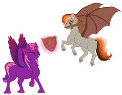 Size: 1801x1406 | Tagged: safe, artist:ganashiashaka, oc, oc only, oc:crimson thunder, oc:prince nebula, alicorn, bat pony, pony, colt, magic, male, mouth hold, shield, simple background, transparent background, wooden sword