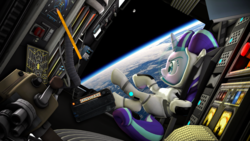 Size: 3840x2160 | Tagged: safe, artist:whiteskyline, starlight glimmer, pony, g4, 3d, astronaut, camera, cockpit, digital art, error, female, high res, mare, moon, orbit, pencil, solo, space, spaceship, spacesuit, zero gravity