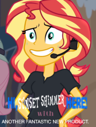 Size: 699x921 | Tagged: safe, edit, edited screencap, screencap, sunset shimmer, equestria girls, g4, my little pony equestria girls: better together, opening night, opening night: sunset shimmer, billy mays, meme, sweat, text edit