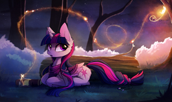 Size: 2480x1479 | Tagged: safe, artist:magnaluna, twilight sparkle, alicorn, pony, g4, book, braid, braided tail, clothes, female, forest, grass, horn, log, lying, lying down, mare, nature, night, open mouth, outdoors, ponyloaf, prone, scarf, scenery, scenery porn, solo, tail, tree, twilight sparkle (alicorn), wings