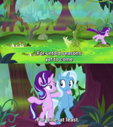 Size: 1470x1659 | Tagged: safe, edit, edited screencap, screencap, starlight glimmer, trixie, crocodile, pony, unicorn, g4, road to friendship, season 9, bipedal, breaking the fourth wall, butt, debate in the comments, duo, duo female, female, foreshadowing, fourth wall, glimmer glutes, harsher in hindsight, hilarious in hindsight, jumping, mangrove tree, mare, plot, subtitles, swamp, tree, we're friendship bound