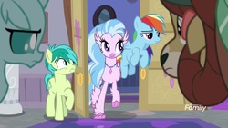 Size: 1920x1080 | Tagged: safe, screencap, ocellus, rainbow dash, sandbar, silverstream, yona, classical hippogriff, hippogriff, pony, g4, my little pony: friendship is magic, the hearth's warming club, discovery family, discovery family logo, logo