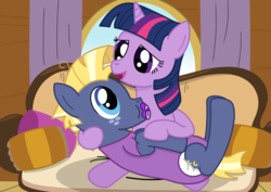 Size: 1280x904 | Tagged: safe, artist:diaperdude, star tracker, twilight sparkle, g4, once upon a zeppelin, abdl, adult foal, ageplay, diaper, diaper fetish, fetish, motherly, non-baby in diaper, onesie, pacifier, ship:twitracker