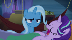 Size: 1280x720 | Tagged: safe, screencap, starlight glimmer, trixie, pony, unicorn, g4, road to friendship, angry, annoyed, duo, duo female, female, frustrated, hammock, irritated, mare, sleeping, snorelight glimmer, snoring, tired