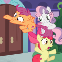 Size: 622x627 | Tagged: safe, screencap, apple bloom, scootaloo, sweetie belle, earth pony, pegasus, pony, unicorn, g4, marks for effort, cropped, cutie mark crusaders, female, filly, open mouth, pony pile, school of friendship, standing, tail, tail pull, tower of pony