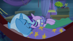 Size: 1280x720 | Tagged: safe, screencap, starlight glimmer, trixie, pony, unicorn, g4, road to friendship, cloth gag, clothes, duo, duo female, female, gag, gagging, hammock, mare, out of context, scarf, scarf gag, sleeping, starlight's gag