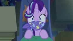 Size: 1280x720 | Tagged: safe, screencap, starlight glimmer, pony, unicorn, g4, road to friendship, bandana, cloth gag, clothes, female, gag, hammock, mare, on back, out of context, scarf, scarf gag, solo, starlight's gag
