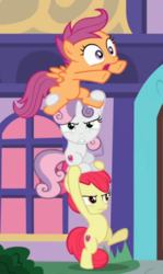 Size: 353x592 | Tagged: safe, screencap, apple bloom, scootaloo, sweetie belle, earth pony, pegasus, pony, unicorn, g4, marks for effort, bipedal, cropped, cutie mark crusaders, female, filly, open mouth, pony pile, school of friendship, standing, tower of pony
