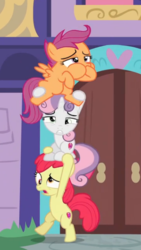 Size: 350x621 | Tagged: safe, screencap, apple bloom, scootaloo, sweetie belle, earth pony, pegasus, pony, unicorn, g4, marks for effort, cropped, cutie mark crusaders, derp, dizzy, female, filly, hoof in mouth, nauseous, open mouth, pony pile, school of friendship, standing, tower of pony